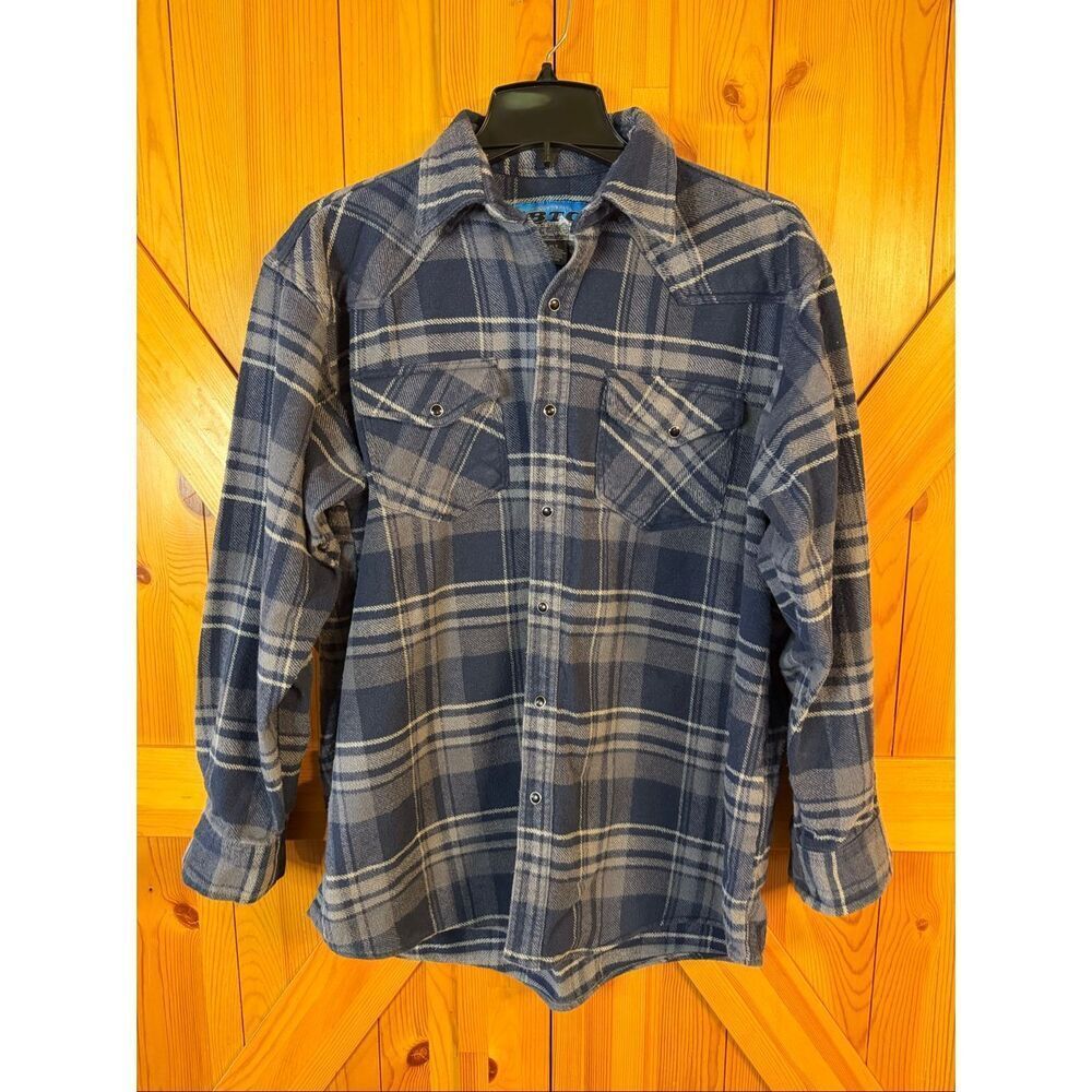 BTC Heavyweight Flannel Long Sleeve Pearl Snap Blue Gray Shirt Size XLT (6782)